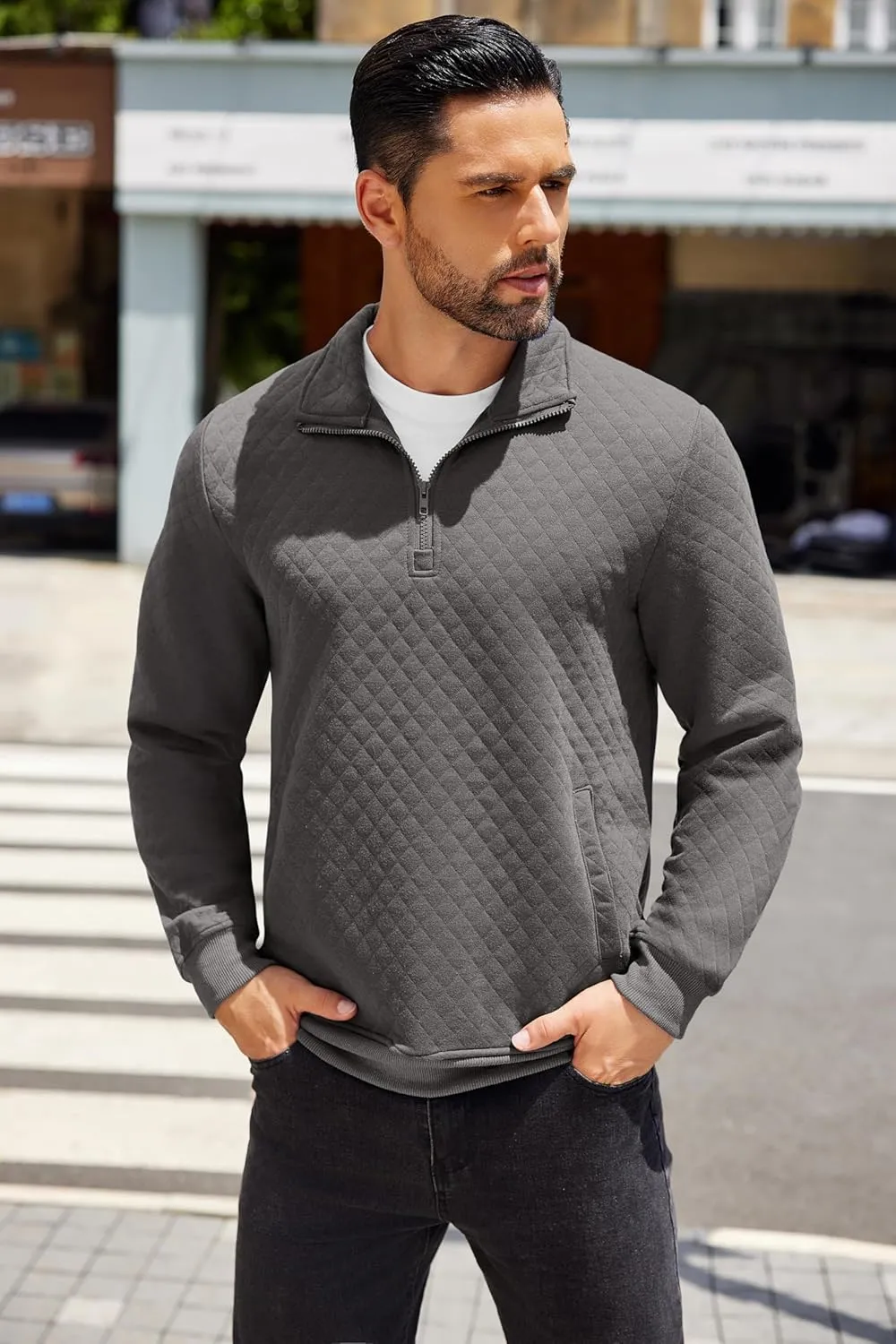 COOFANDY Mens Quarter Zip Pullover Quilted Sweatshirt Knit Long Sleeve Mock Neck Sweater Polo with Pocket
