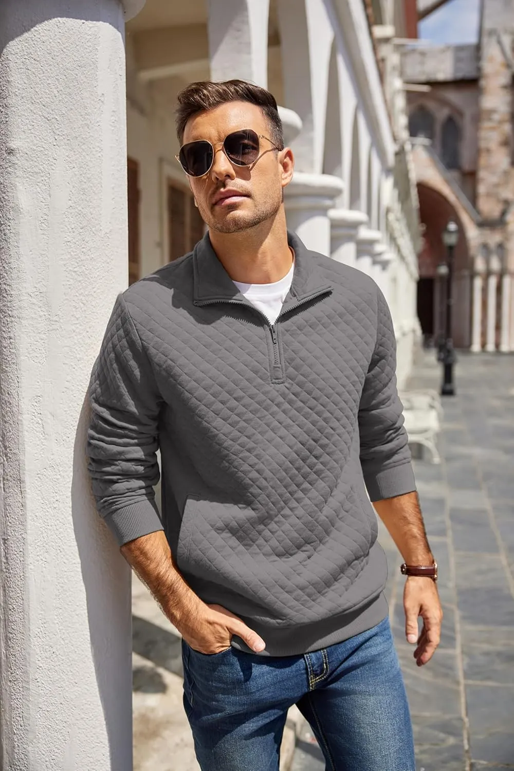 COOFANDY Mens Quarter Zip Pullover Quilted Sweatshirt Knit Long Sleeve Mock Neck Sweater Polo with Pocket