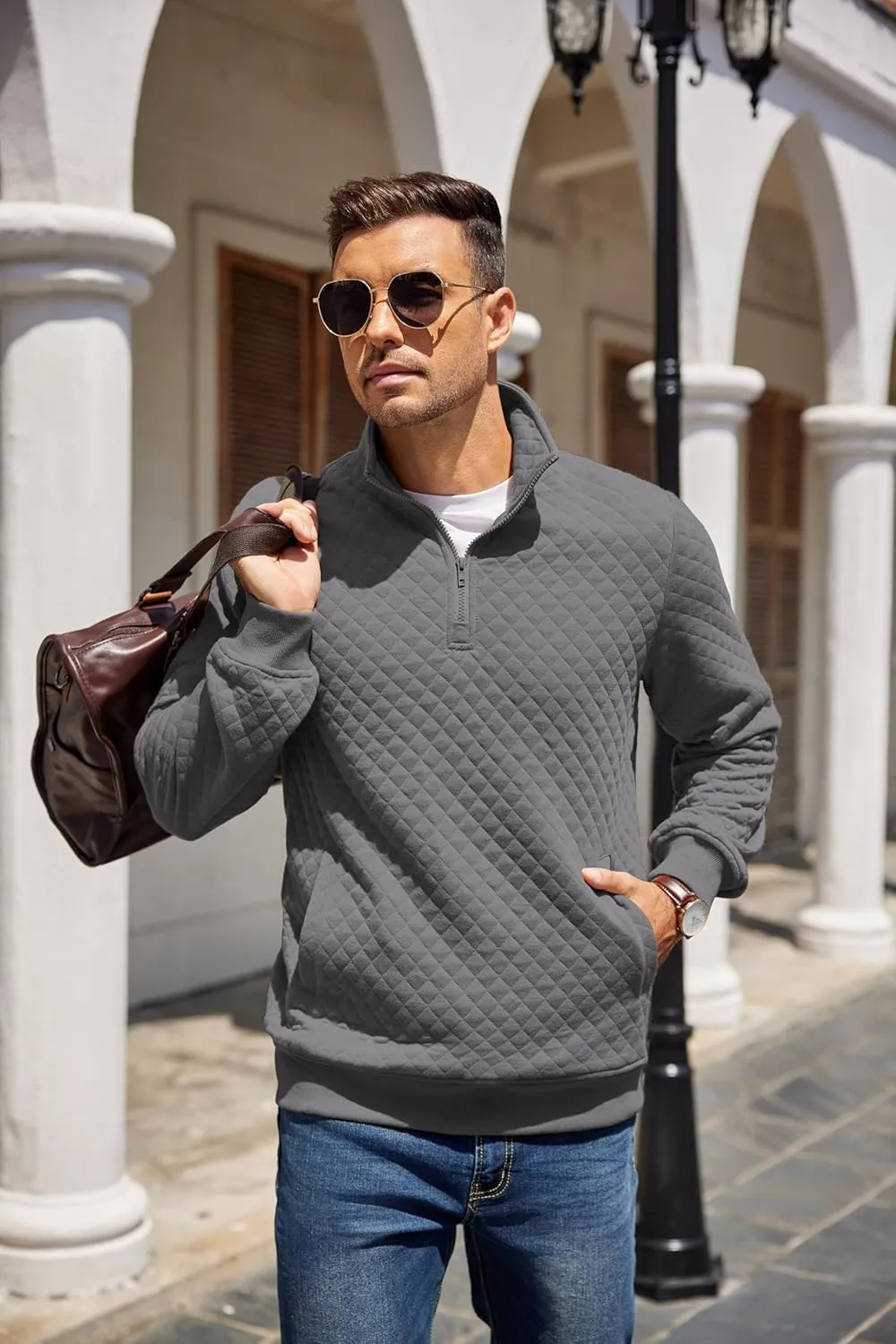 COOFANDY Mens Quarter Zip Pullover Quilted Sweatshirt Knit Long Sleeve Mock Neck Sweater Polo with Pocket