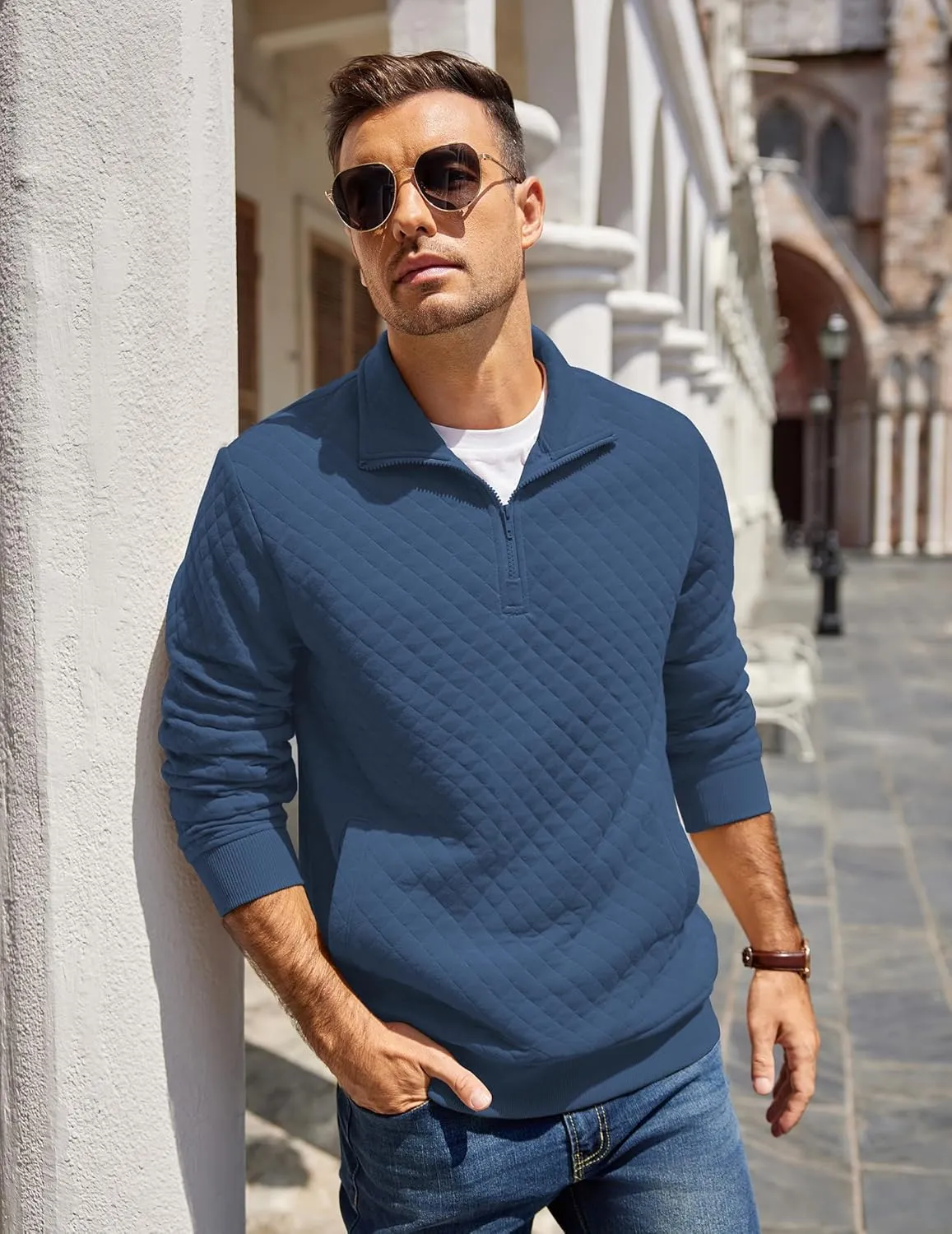 COOFANDY Mens Quarter Zip Pullover Quilted Sweatshirt Knit Long Sleeve Mock Neck Sweater Polo with Pocket