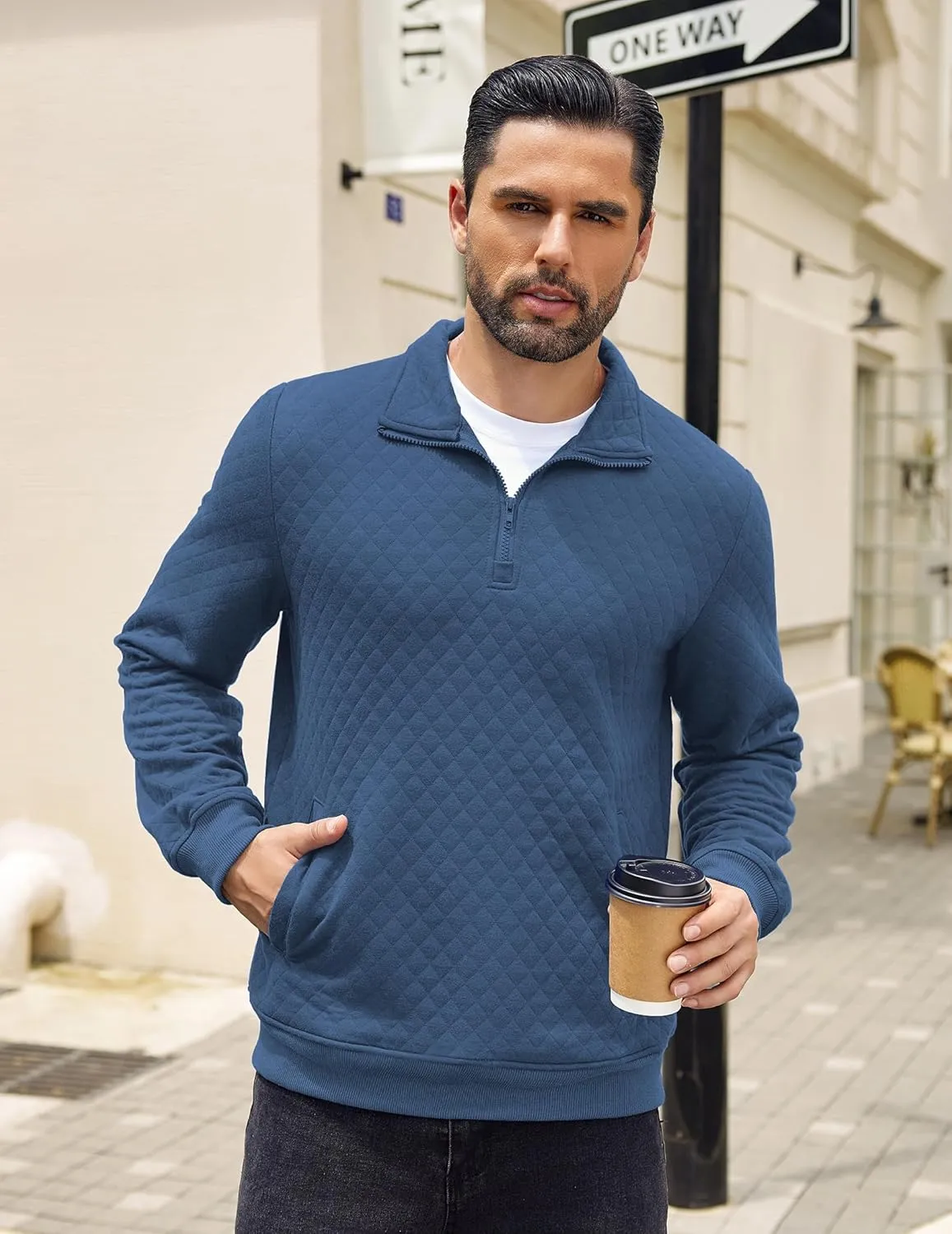 COOFANDY Mens Quarter Zip Pullover Quilted Sweatshirt Knit Long Sleeve Mock Neck Sweater Polo with Pocket
