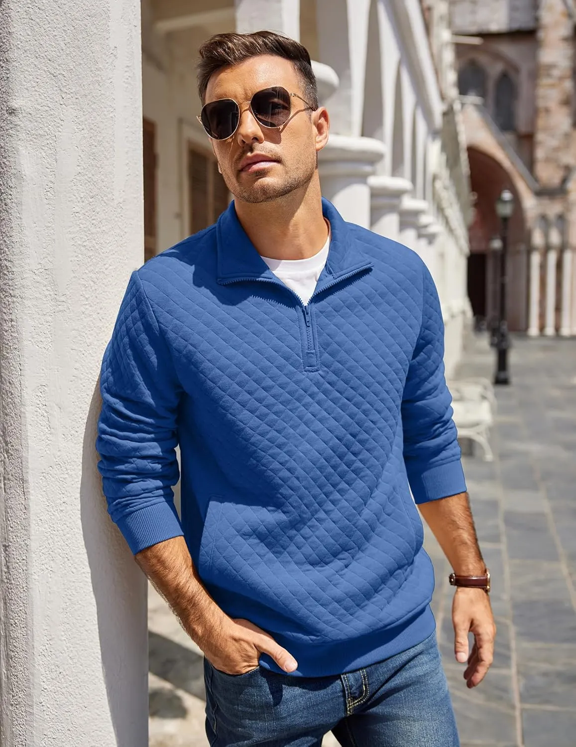 COOFANDY Mens Quarter Zip Pullover Quilted Sweatshirt Knit Long Sleeve Mock Neck Sweater Polo with Pocket