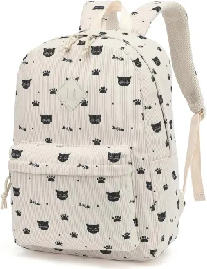 Corduroy Girls Backpack for School Women College Bookbags Travel Casual Backpacks (Cat)