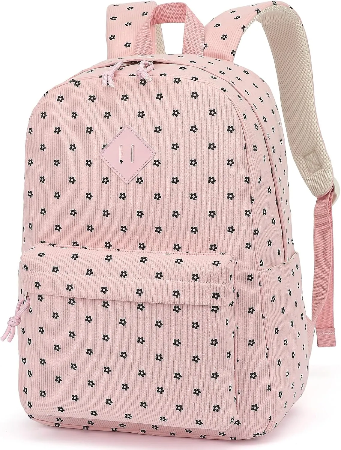 Corduroy Girls Backpack for School Women College Bookbags Travel Casual Backpacks (Pink Corduroy Flowers)