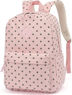 Corduroy Girls Backpack for School Women College Bookbags Travel Casual Backpacks (Pink Corduroy Flowers)