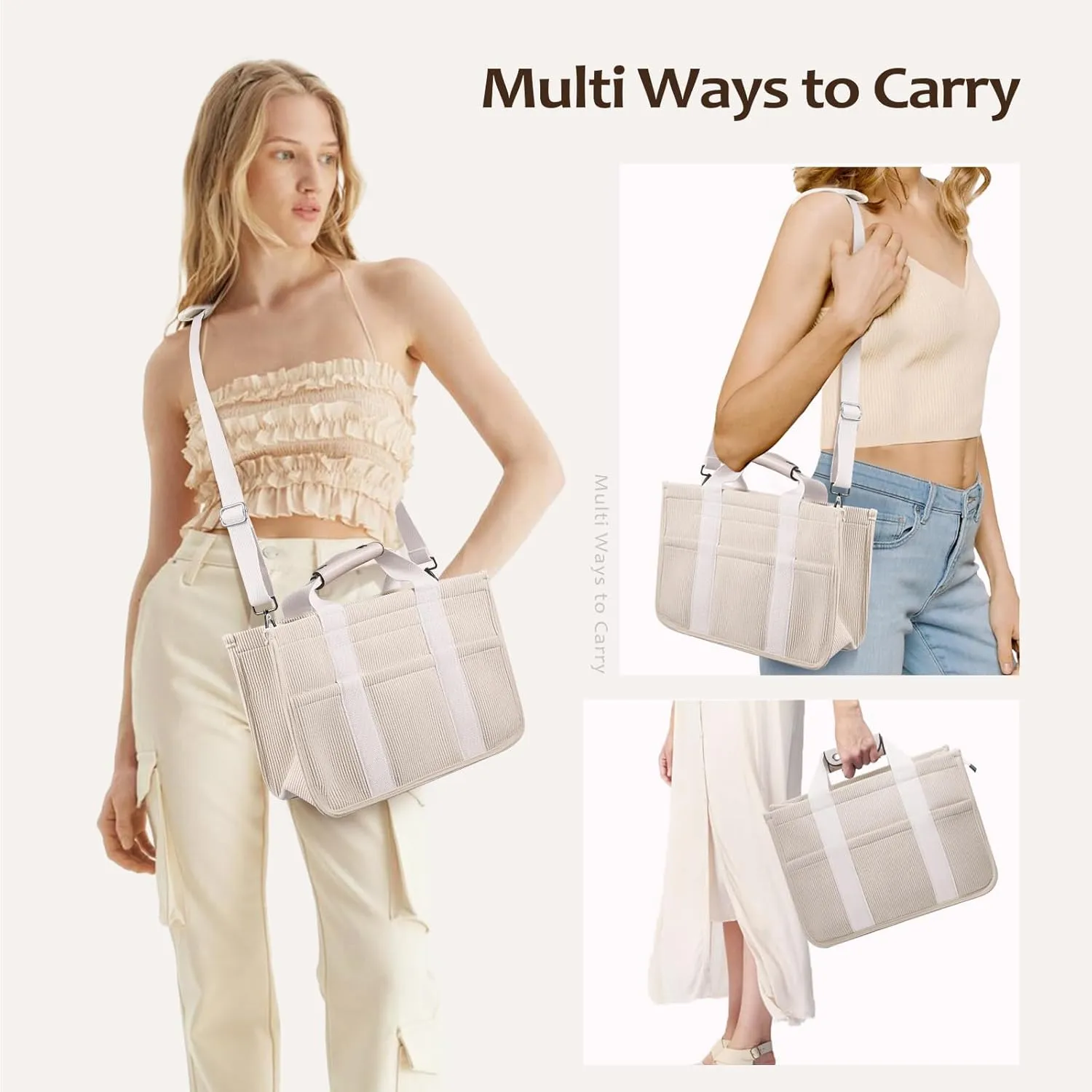 Corduroy Tote Bag with Zipper Women Large Crossbody Tote Purse with Pockets Everything Handbag Everyday Satchel Bag