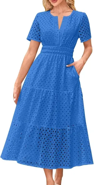 Cotton Eyelet Lace Tie Dress for Women Casual Summer Dress with Pockets and Short Sleeves