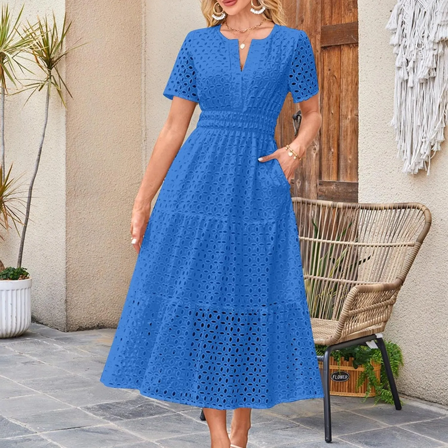 Cotton Eyelet Lace Tie Dress for Women Casual Summer Dress with Pockets and Short Sleeves