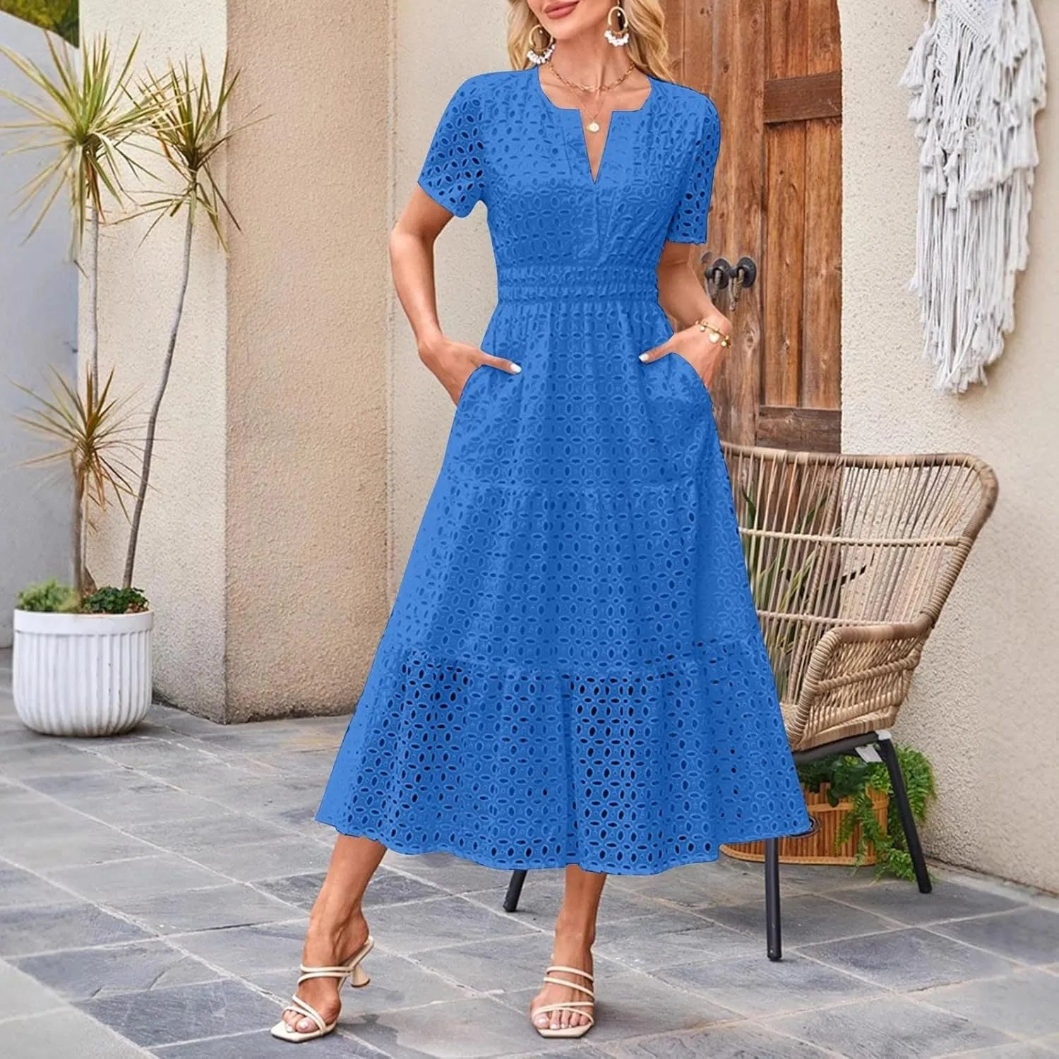 Cotton Eyelet Lace Tie Dress for Women Casual Summer Dress with Pockets and Short Sleeves