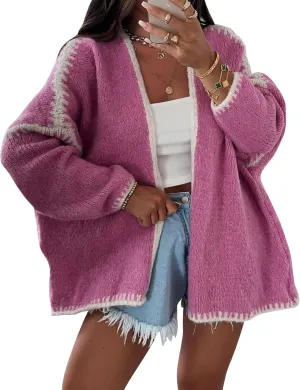 COZYPOIN Womens Fall Cardigan Sweater Casual Knit Cardigan Open Front Colorblocking Oversized Cardigan