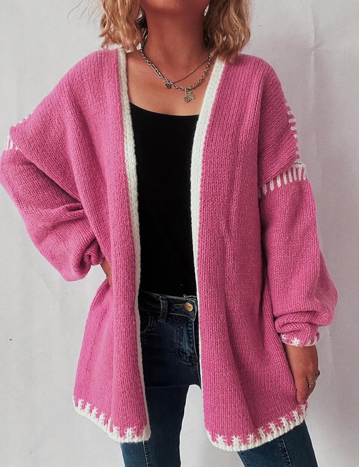 COZYPOIN Womens Fall Cardigan Sweater Casual Knit Cardigan Open Front Colorblocking Oversized Cardigan