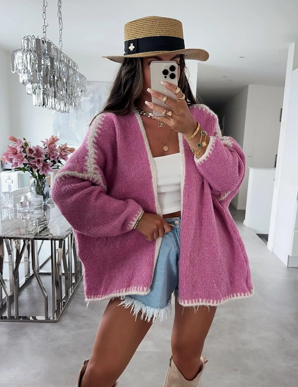 COZYPOIN Womens Fall Cardigan Sweater Casual Knit Cardigan Open Front Colorblocking Oversized Cardigan