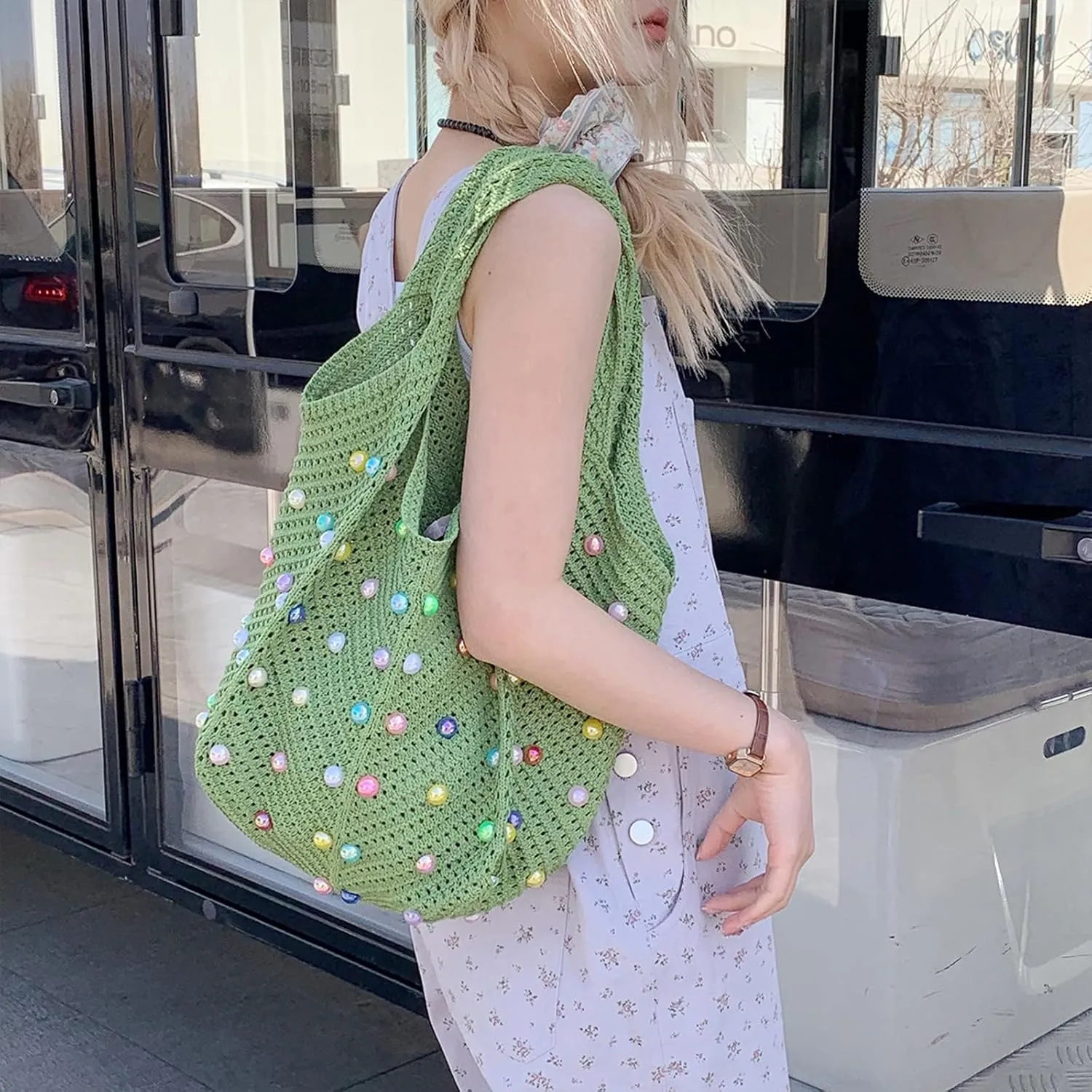 Crochet Beach Bag Cute Boho Knit Tote Bag with Colored Beads Aesthetic Woven Shoulder Handbags