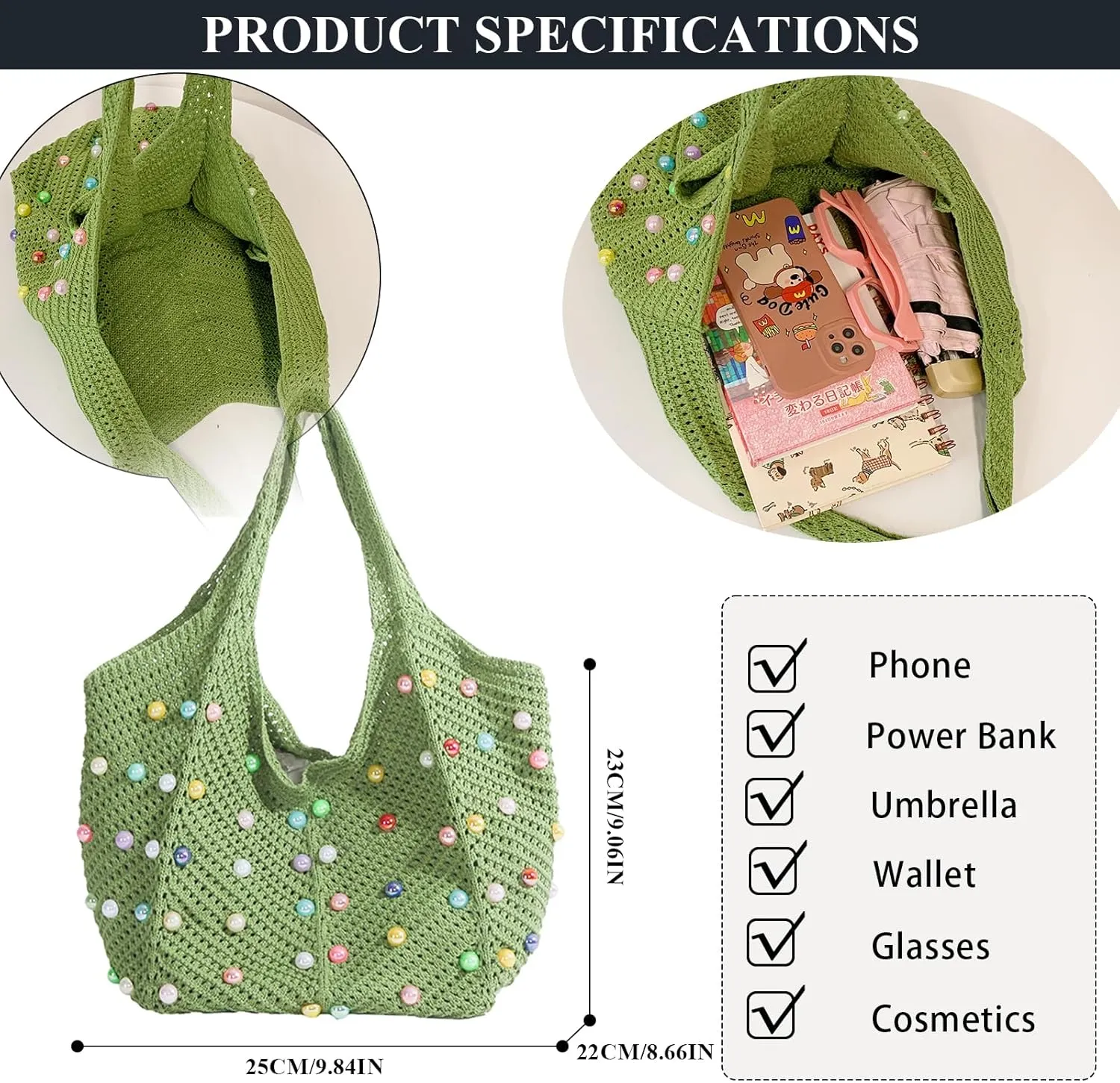 Crochet Beach Bag Cute Boho Knit Tote Bag with Colored Beads Aesthetic Woven Shoulder Handbags