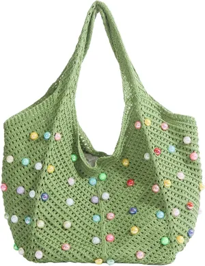 Crochet Beach Bag Cute Boho Knit Tote Bag with Colored Beads Aesthetic Woven Shoulder Handbags