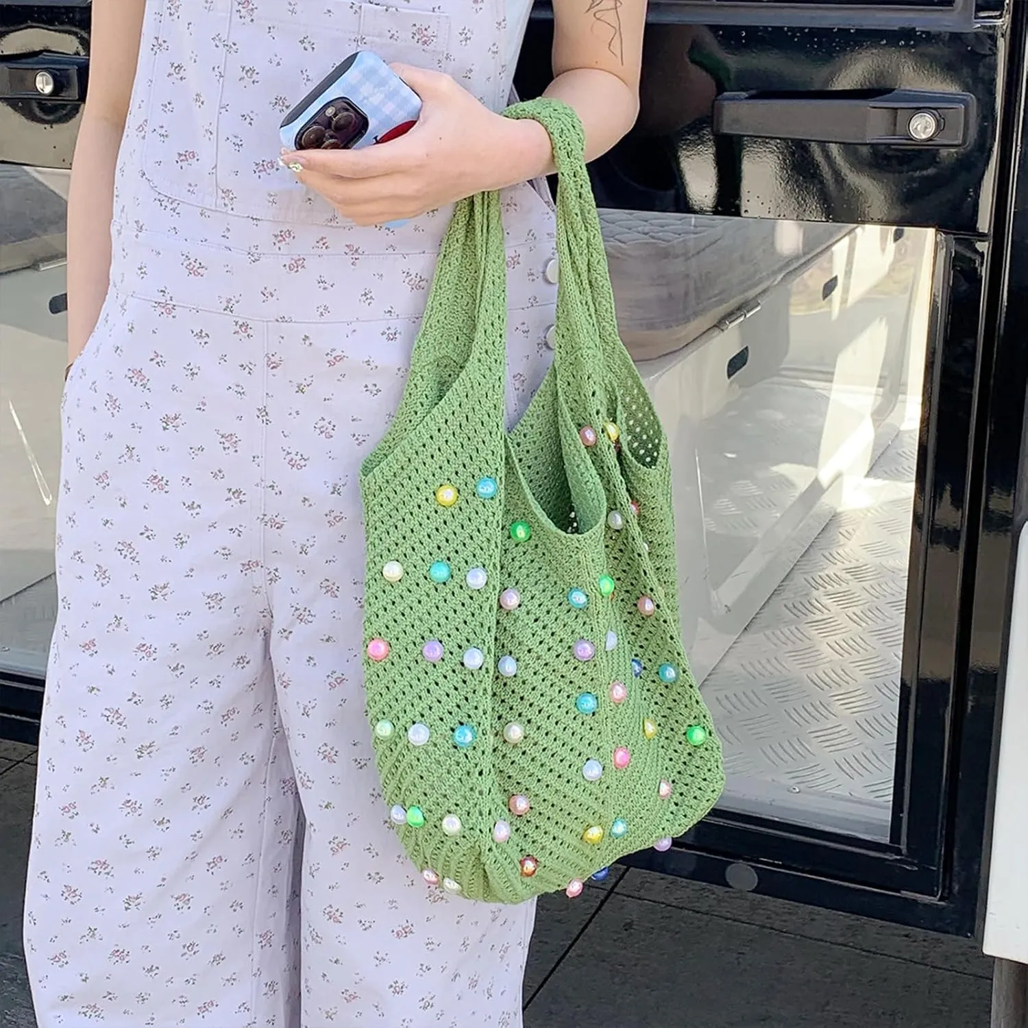 Crochet Beach Bag Cute Boho Knit Tote Bag with Colored Beads Aesthetic Woven Shoulder Handbags