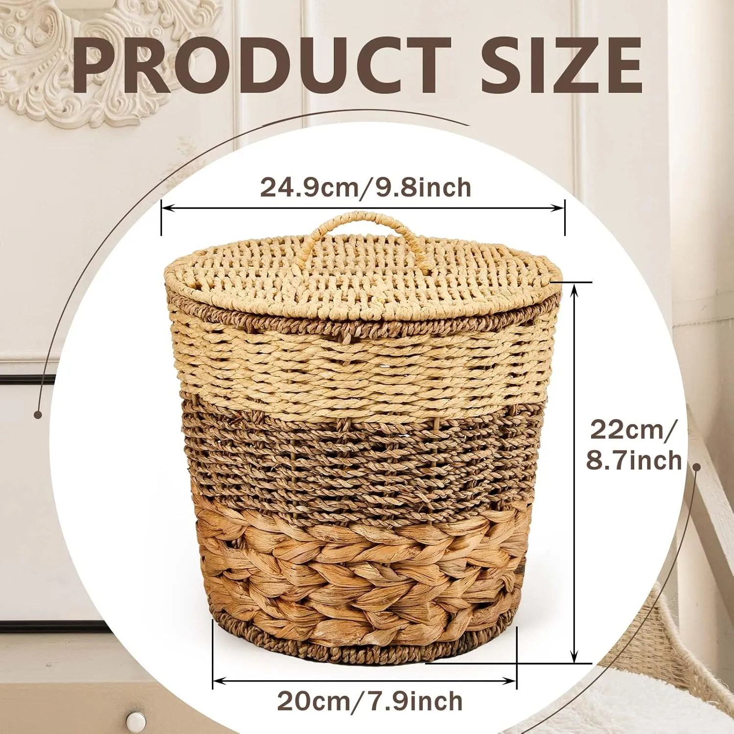 Ctosree 2 Pcs Wicker Trash Can Basket Woven Waste Basket with Lid Bathroom Wastebasket Garbage Bin with 100 Pieces of Trash Bags for Bedroom Farmhouse Home Office Kitchen (Wood Color, Medium)