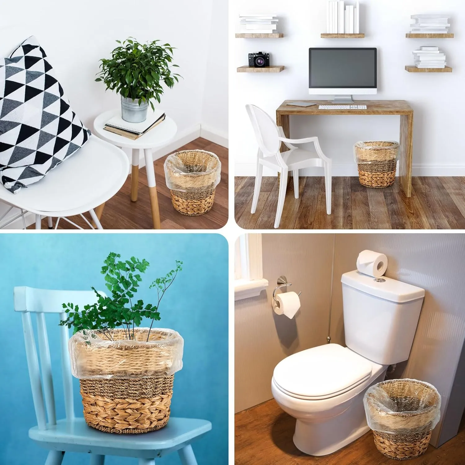 Ctosree 2 Pcs Wicker Trash Can Basket Woven Waste Basket with Lid Bathroom Wastebasket Garbage Bin with 100 Pieces of Trash Bags for Bedroom Farmhouse Home Office Kitchen (Wood Color, Medium)