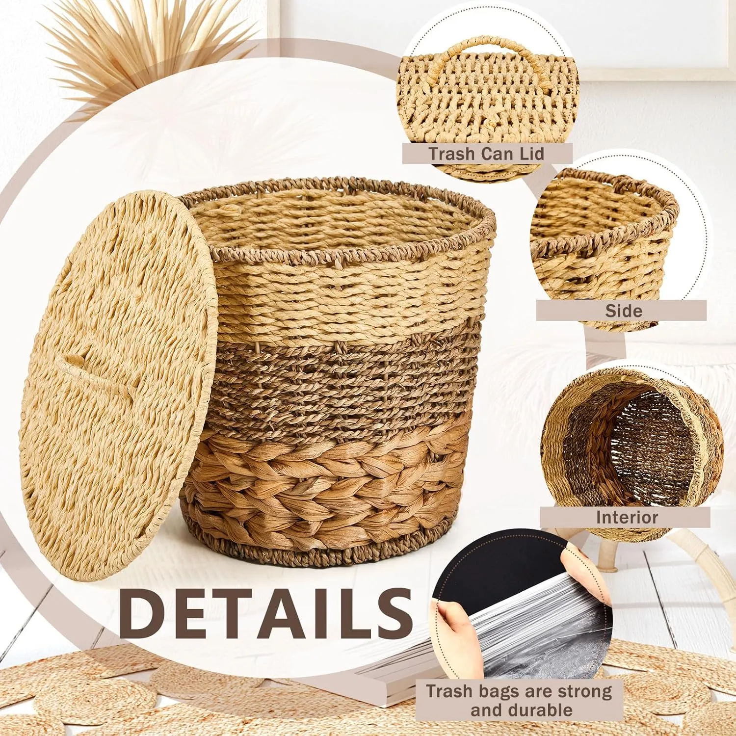 Ctosree 2 Pcs Wicker Trash Can Basket Woven Waste Basket with Lid Bathroom Wastebasket Garbage Bin with 100 Pieces of Trash Bags for Bedroom Farmhouse Home Office Kitchen (Wood Color, Medium)