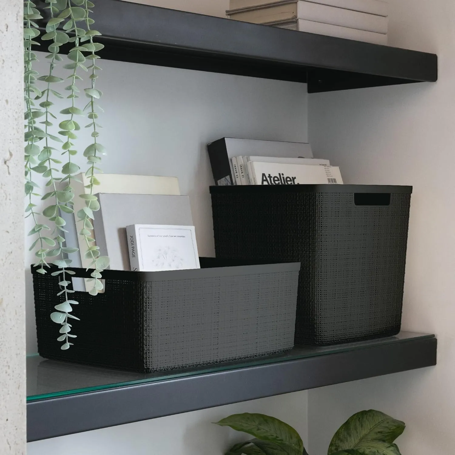 Curver Set of 4 Jute Large Cube Decorative Plastic Organization and Storage Baskets, Perfect Bins for Home Office, Closet Shelves, Kitchen Pantry and All Bedroom Essentials, Black