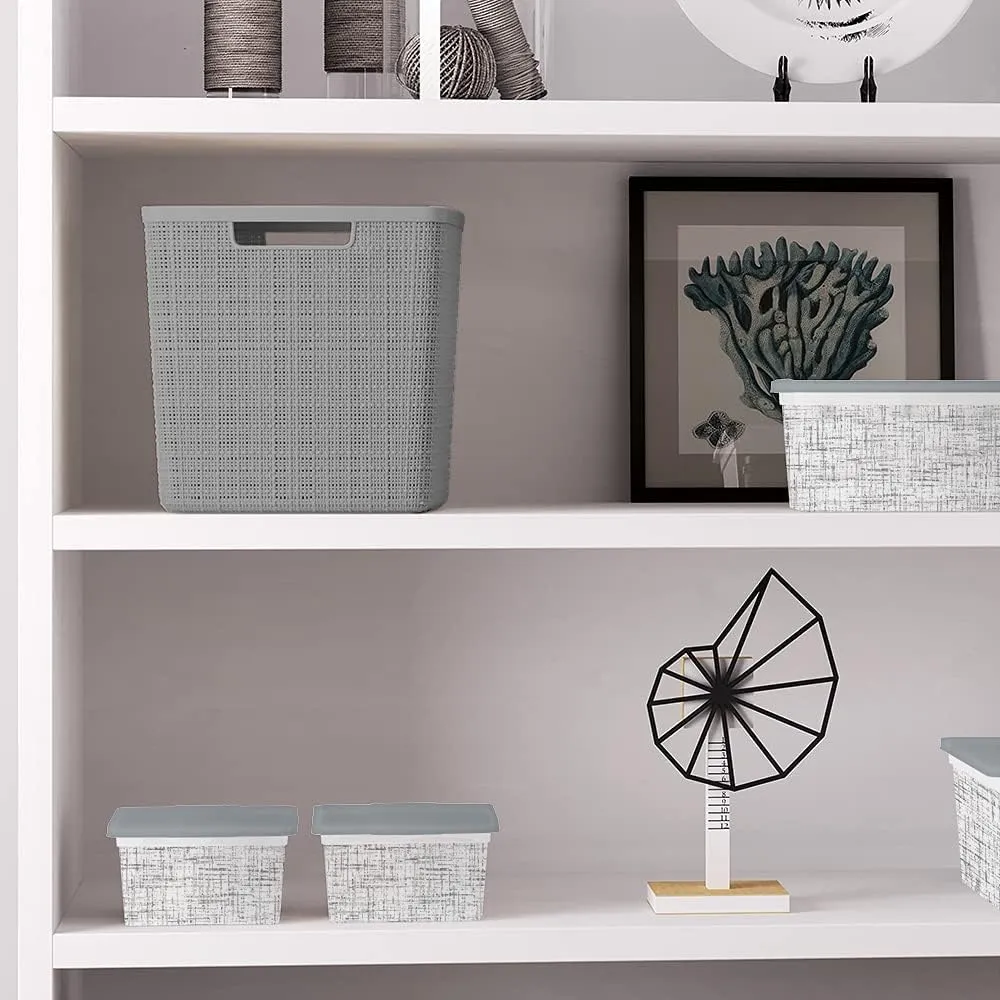 Curver Set of 4 Jute Large Cube Decorative Plastic Organization and Storage Baskets, Perfect Bins for Home Office, Closet Shelves, Kitchen Pantry and All Bedroom Essentials, Grey