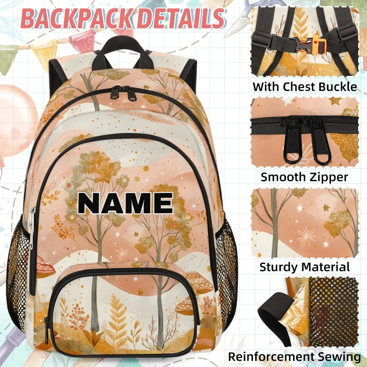 Custom Fall Tree Backpack Lunch Box Bag with Name, Personalized Shoulder 18 Inch Backpack with Adjustable Straps for Women men Autumn Forest