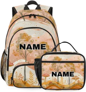 Custom Fall Tree Backpack Lunch Box Bag with Name, Personalized Shoulder 18 Inch Backpack with Adjustable Straps for Women men Autumn Forest
