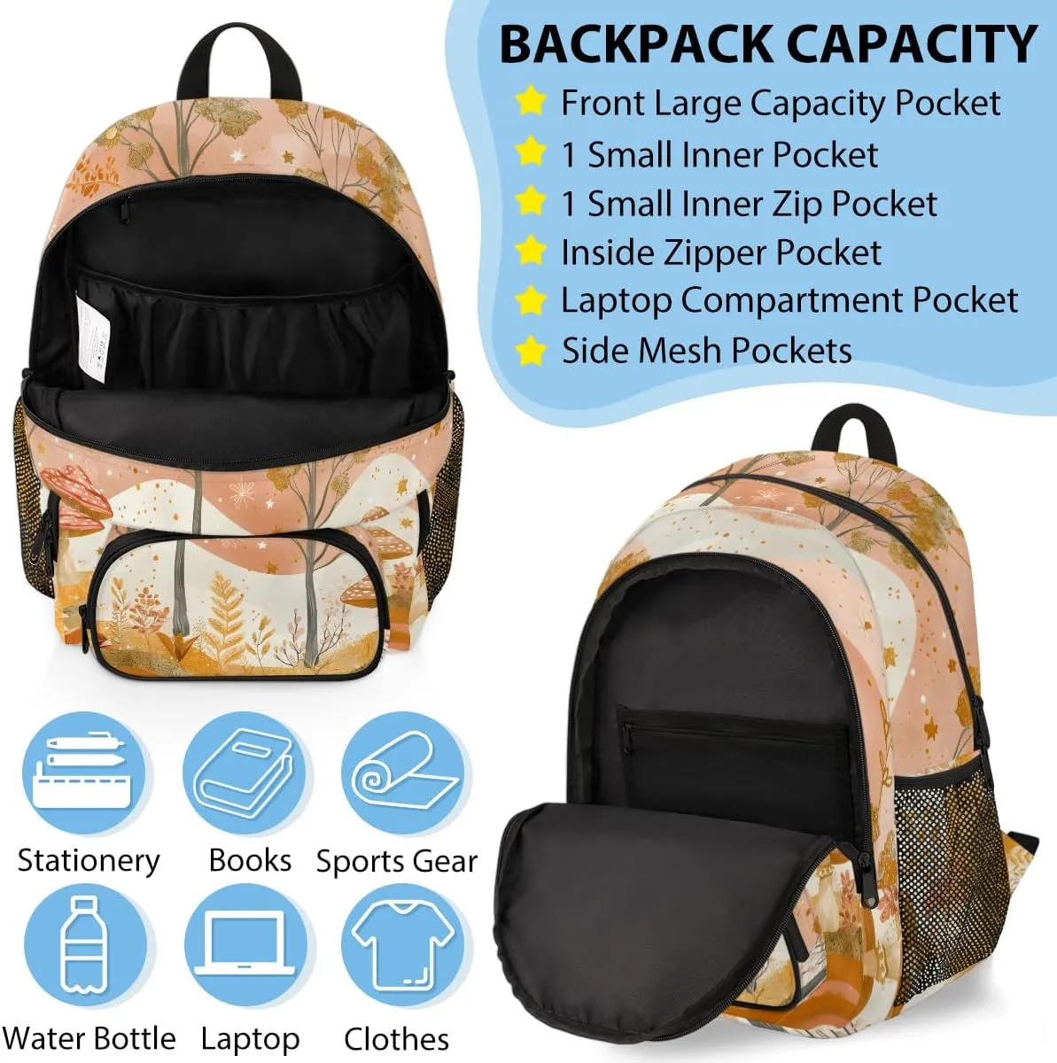 Custom Fall Tree Backpack Lunch Box Bag with Name, Personalized Shoulder 18 Inch Backpack with Adjustable Straps for Women men Autumn Forest