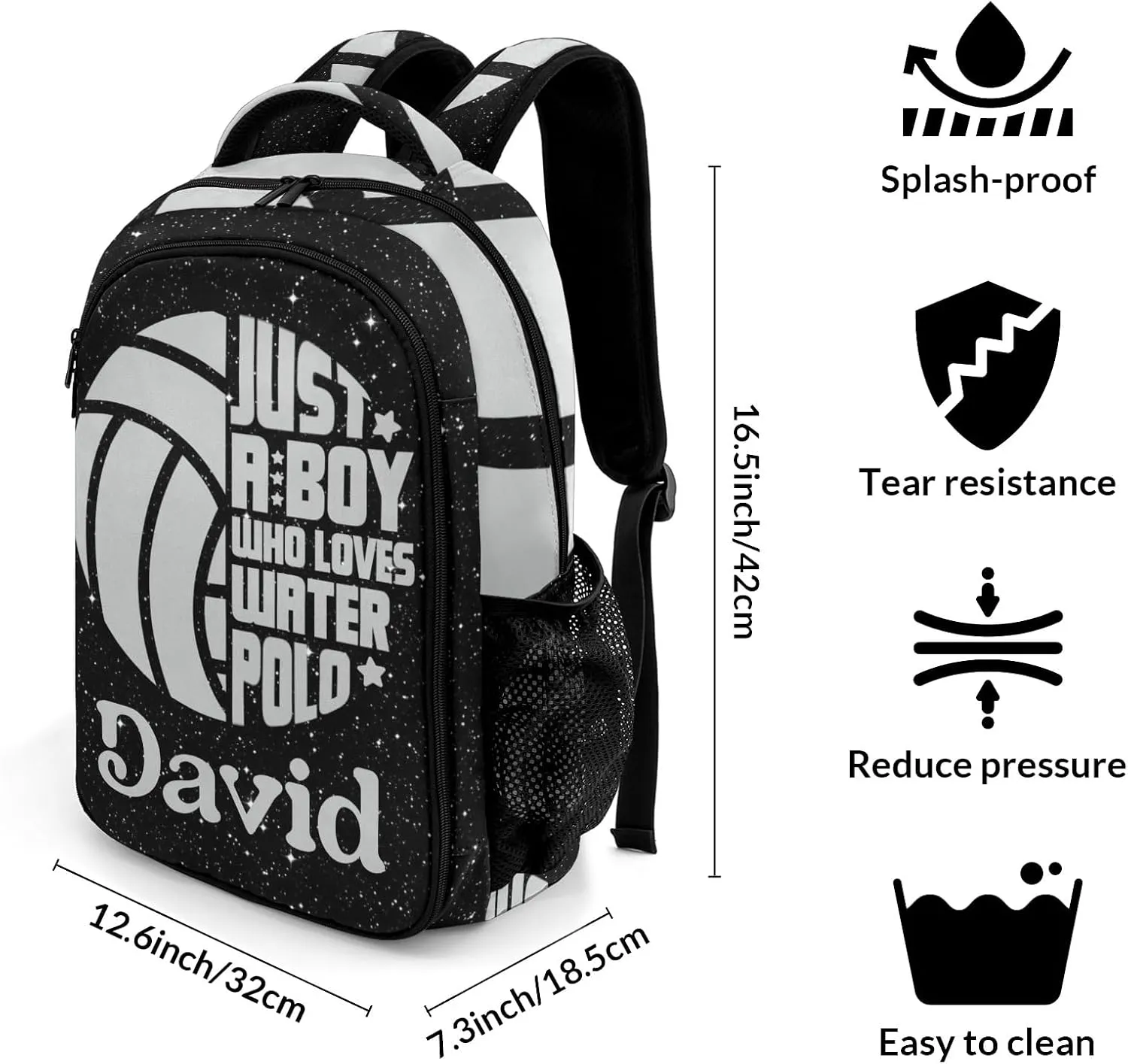 Custom Grey Water Polo Backpack Custom Name Large Capacity Shoulder Bags for School Sports Party Glitter Print