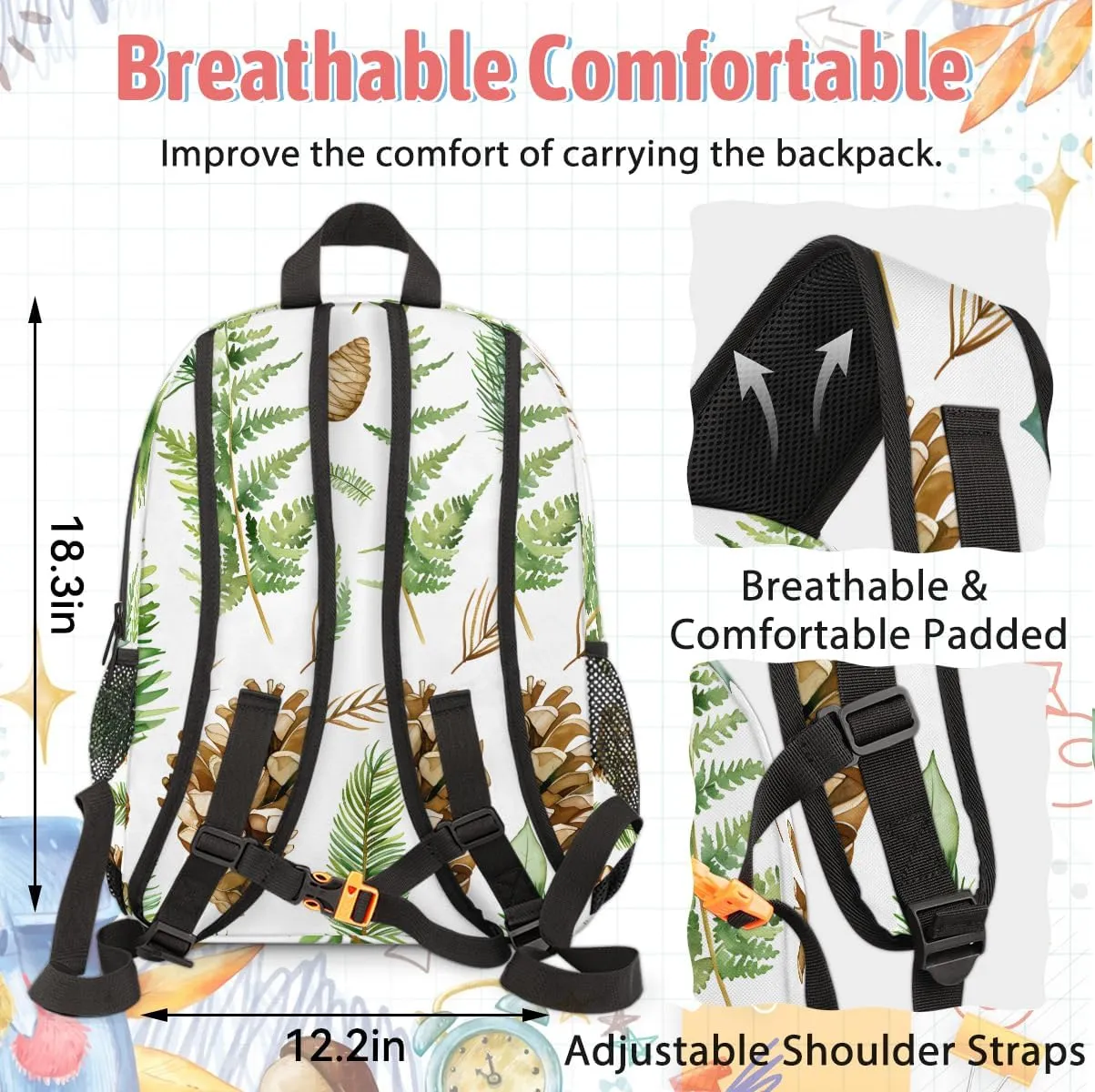 Custom Leaves Backpack Lunch Box Bag with Name, Personalized Shoulder 18 Inch Backpack with Adjustable Straps for Women men Green Leaves and Fern Pattern