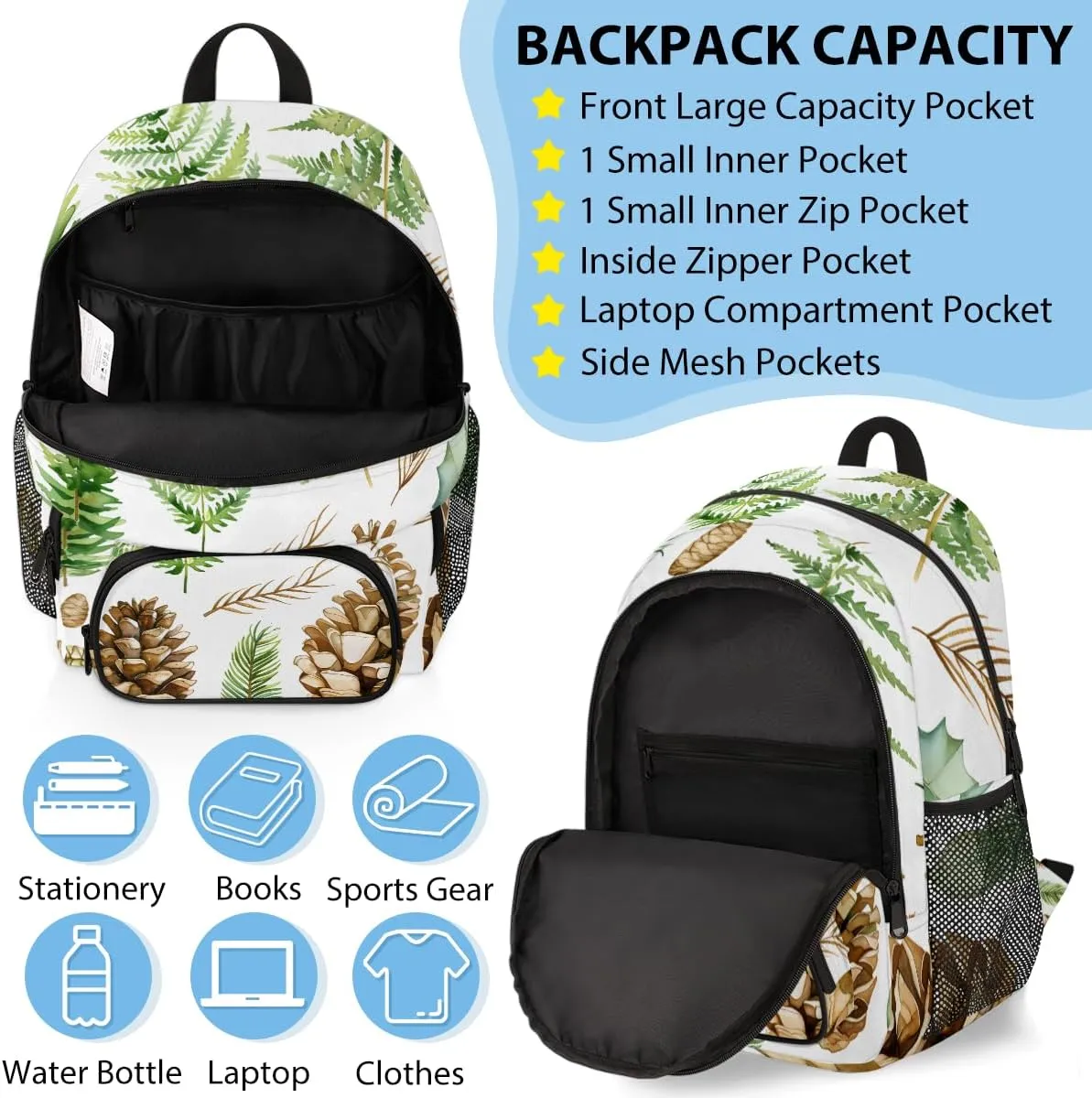 Custom Leaves Backpack Lunch Box Bag with Name, Personalized Shoulder 18 Inch Backpack with Adjustable Straps for Women men Green Leaves and Fern Pattern