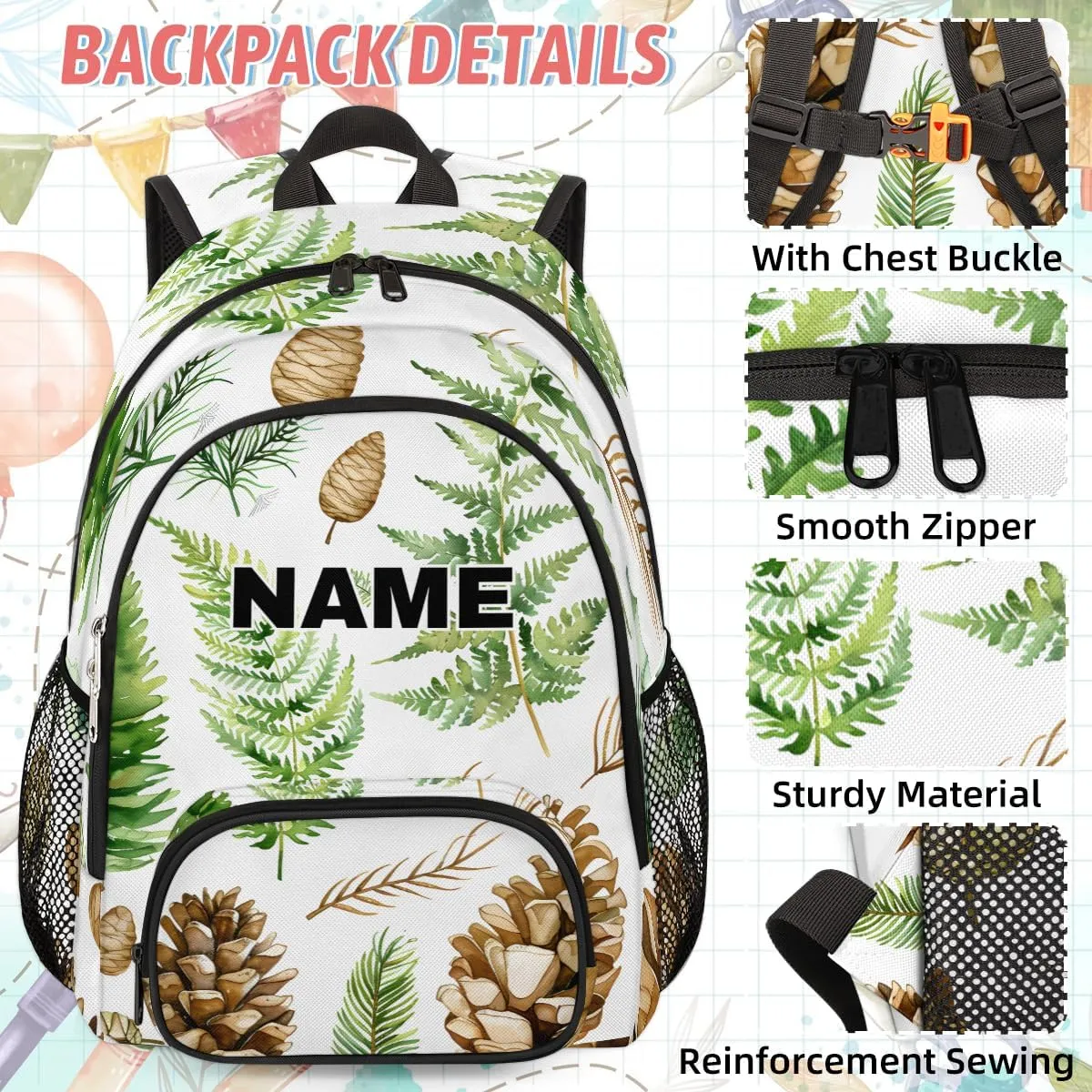 Custom Leaves Backpack Lunch Box Bag with Name, Personalized Shoulder 18 Inch Backpack with Adjustable Straps for Women men Green Leaves and Fern Pattern