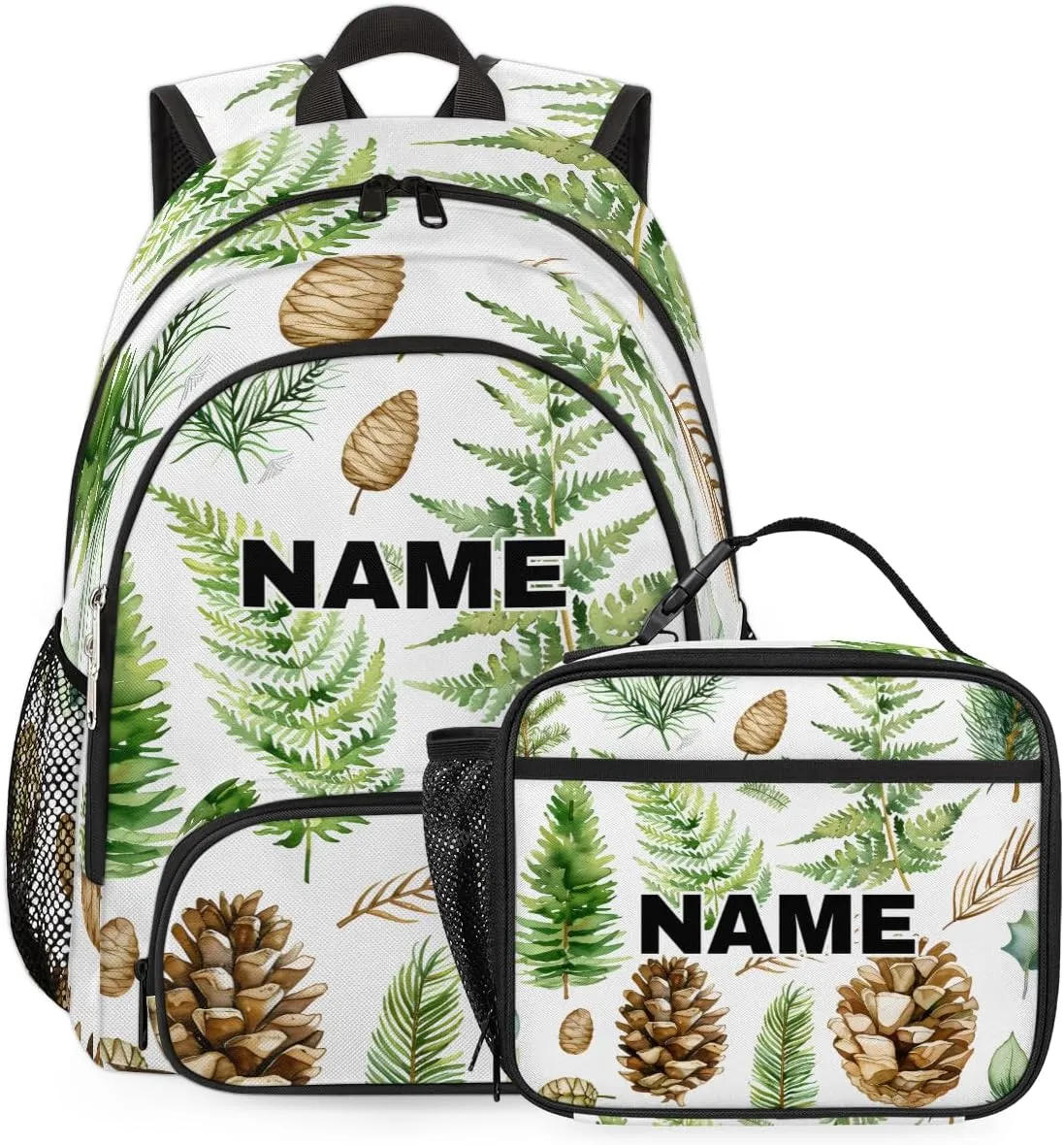 Custom Leaves Backpack Lunch Box Bag with Name, Personalized Shoulder 18 Inch Backpack with Adjustable Straps for Women men Green Leaves and Fern Pattern