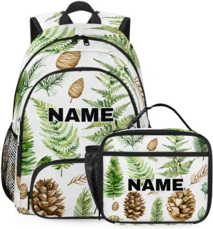 Custom Leaves Backpack Lunch Box Bag with Name, Personalized Shoulder 18 Inch Backpack with Adjustable Straps for Women men Green Leaves and Fern Pattern