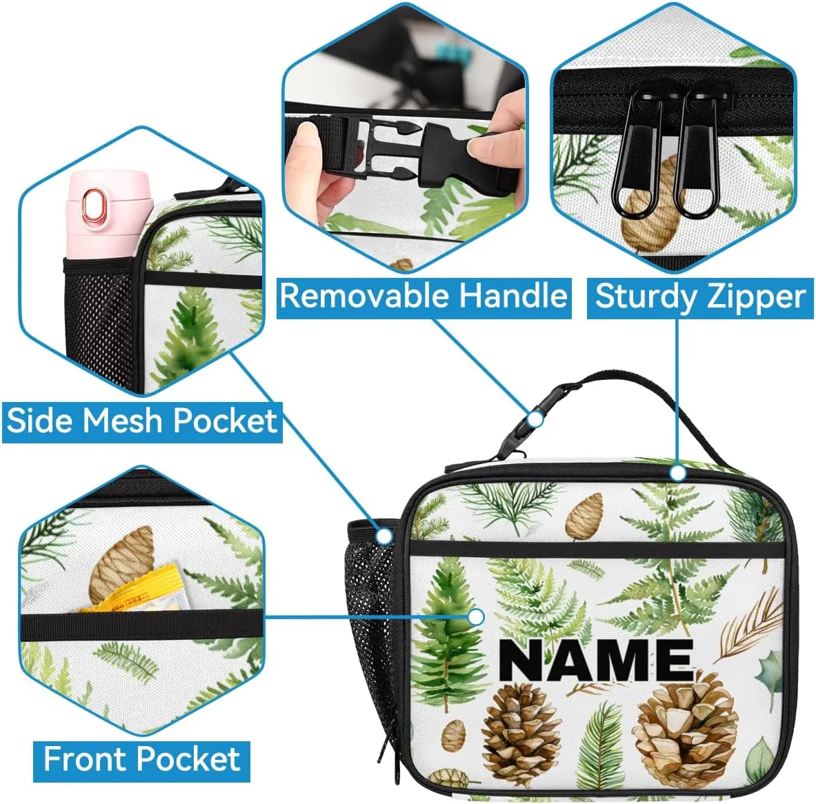 Custom Leaves Backpack Lunch Box Bag with Name, Personalized Shoulder 18 Inch Backpack with Adjustable Straps for Women men Green Leaves and Fern Pattern