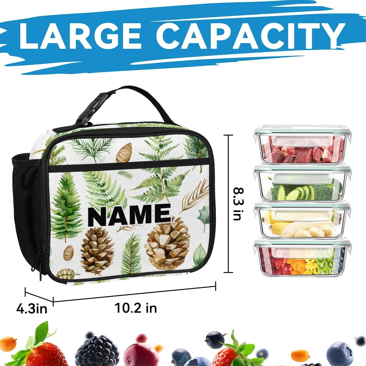 Custom Leaves Backpack Lunch Box Bag with Name, Personalized Shoulder 18 Inch Backpack with Adjustable Straps for Women men Green Leaves and Fern Pattern