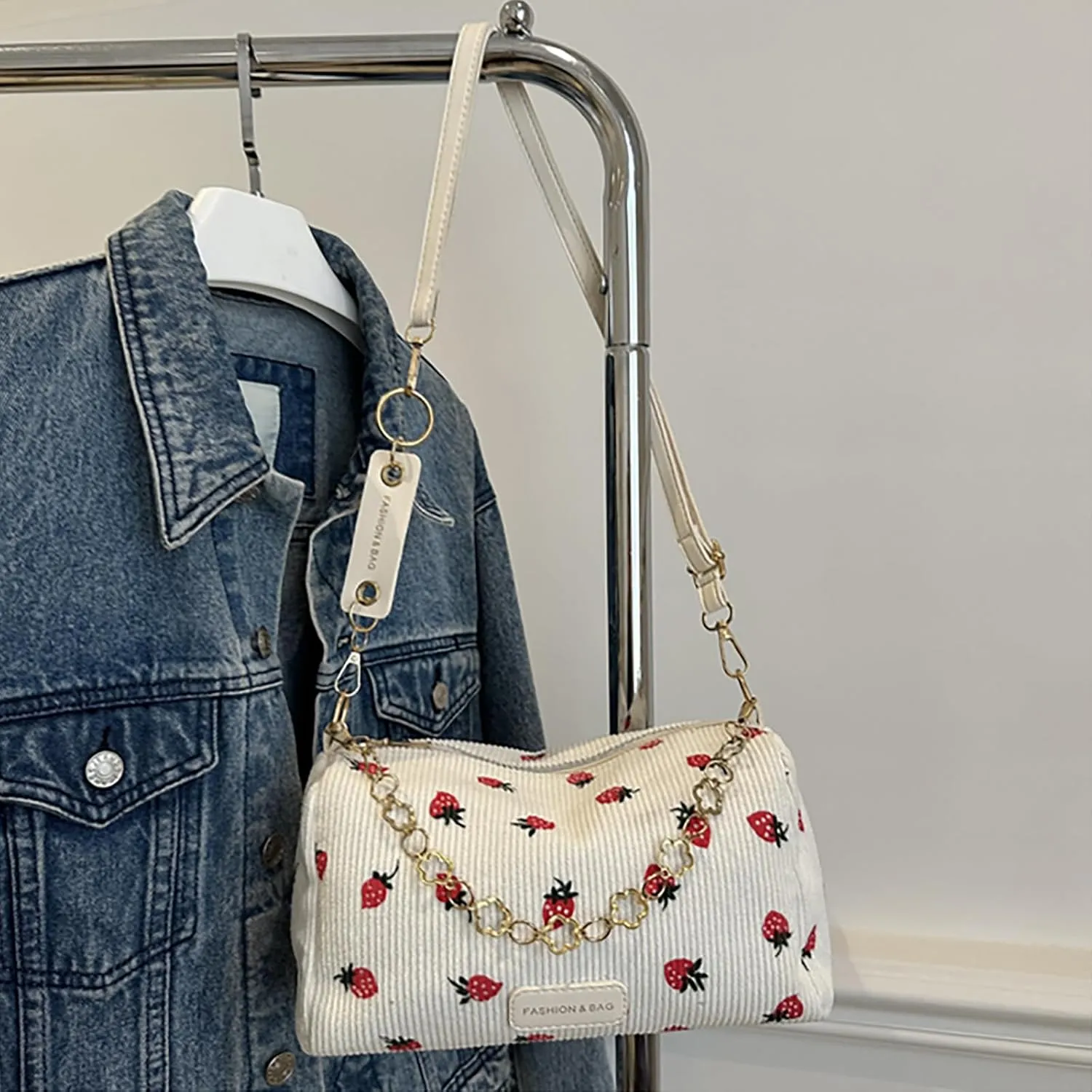 Cute Crossbody Bag for Women Strawberry Purse Corduroy Tote Bag Fashion Chain Aesthetic Handbags Travel Bags