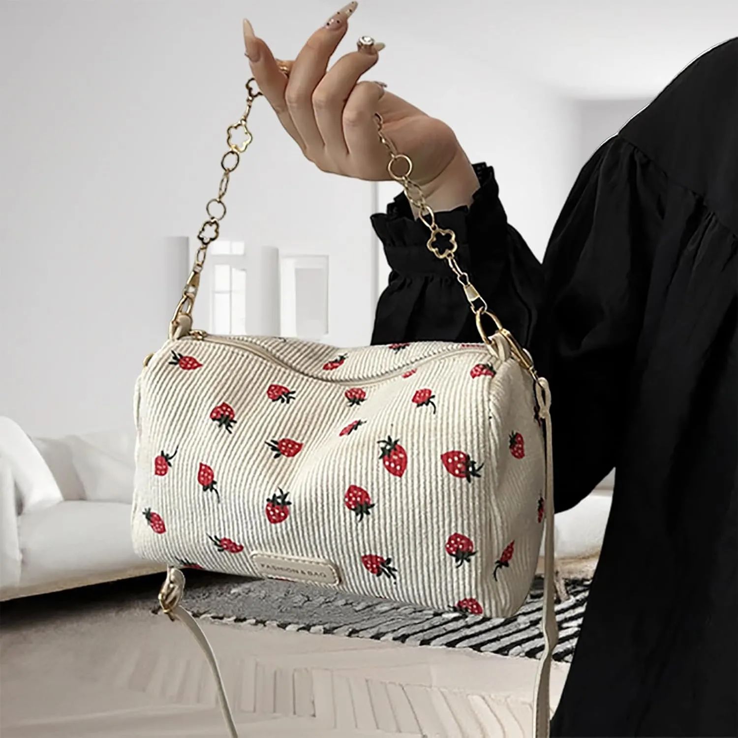 Cute Crossbody Bag for Women Strawberry Purse Corduroy Tote Bag Fashion Chain Aesthetic Handbags Travel Bags
