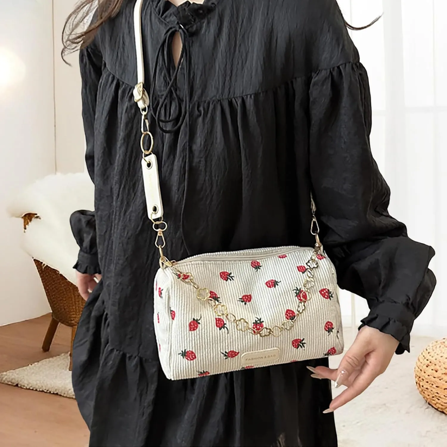 Cute Crossbody Bag for Women Strawberry Purse Corduroy Tote Bag Fashion Chain Aesthetic Handbags Travel Bags