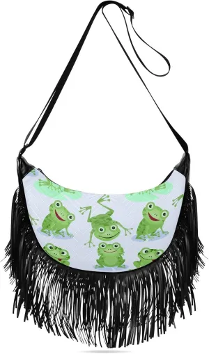 Cute-green-frogs Pattern Women Tassel Fringe Shoulder bag, Fringe Purse Crossbody, Women Tassel Hobo Bag with Zipper