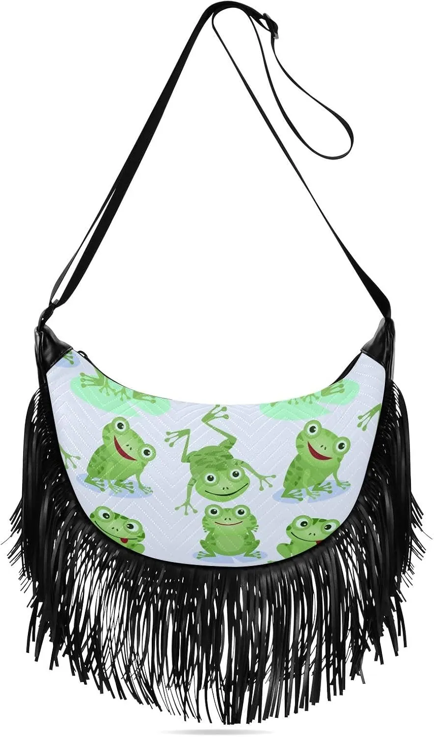 Cute-green-frogs Pattern Women Tassel Fringe Shoulder bag, Fringe Purse Crossbody, Women Tassel Hobo Bag with Zipper