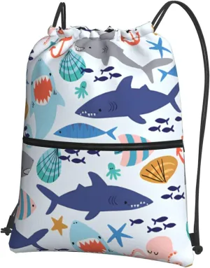Cute shark scallops and octopus Drawstring Backpack Unisex Gym Bags Sport String Bag for Hiking Yoga Travel Swimming Beach 15 X 18 Inch