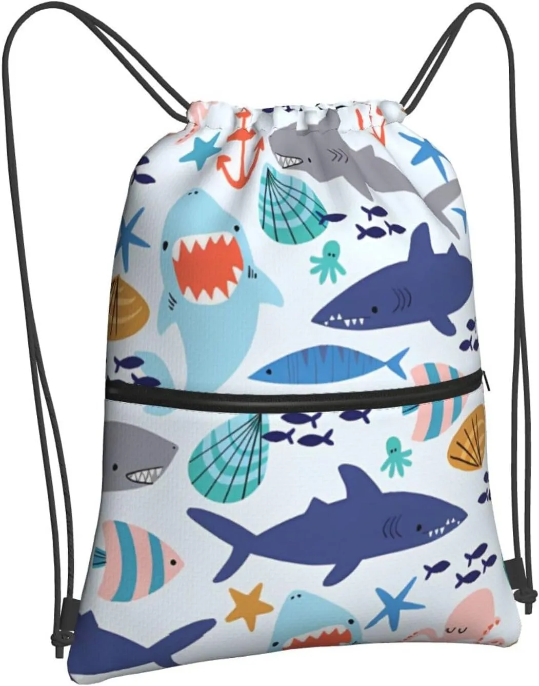 Cute shark scallops and octopus Drawstring Backpack Unisex Gym Bags Sport String Bag for Hiking Yoga Travel Swimming Beach 15 X 18 Inch