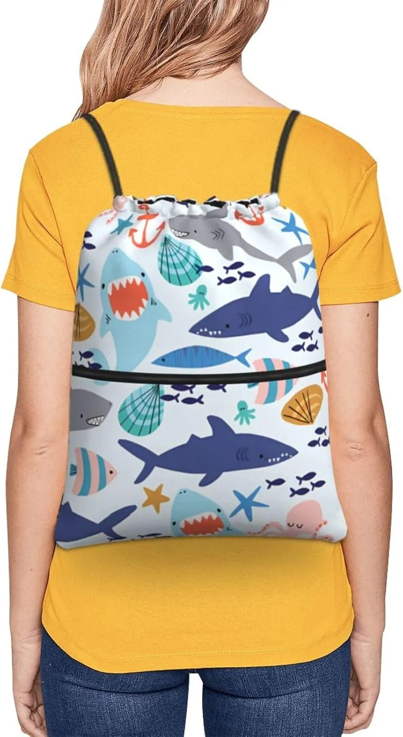 Cute shark scallops and octopus Drawstring Backpack Unisex Gym Bags Sport String Bag for Hiking Yoga Travel Swimming Beach 15 X 18 Inch
