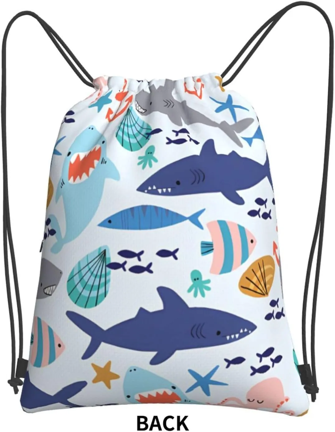 Cute shark scallops and octopus Drawstring Backpack Unisex Gym Bags Sport String Bag for Hiking Yoga Travel Swimming Beach 15 X 18 Inch