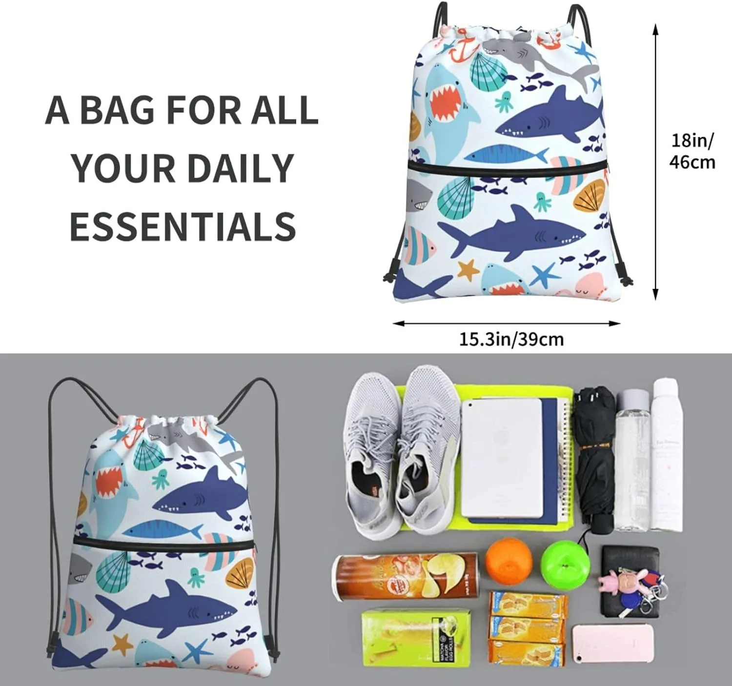 Cute shark scallops and octopus Drawstring Backpack Unisex Gym Bags Sport String Bag for Hiking Yoga Travel Swimming Beach 15 X 18 Inch