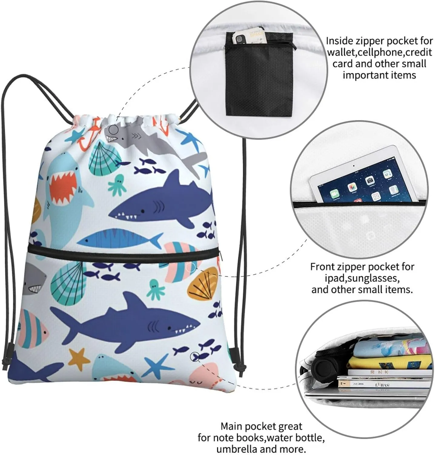 Cute shark scallops and octopus Drawstring Backpack Unisex Gym Bags Sport String Bag for Hiking Yoga Travel Swimming Beach 15 X 18 Inch