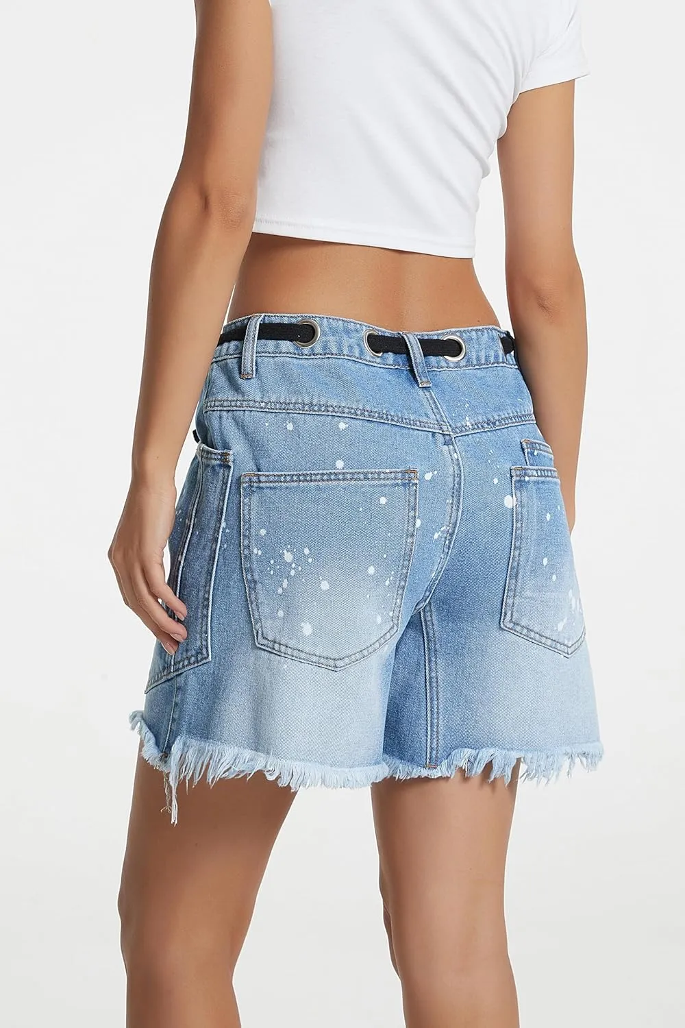 D-Sun Women's Denim Shorts Drawstring Mid Waist Straight Leg Raw Hem Casual Summer Jean Shorts