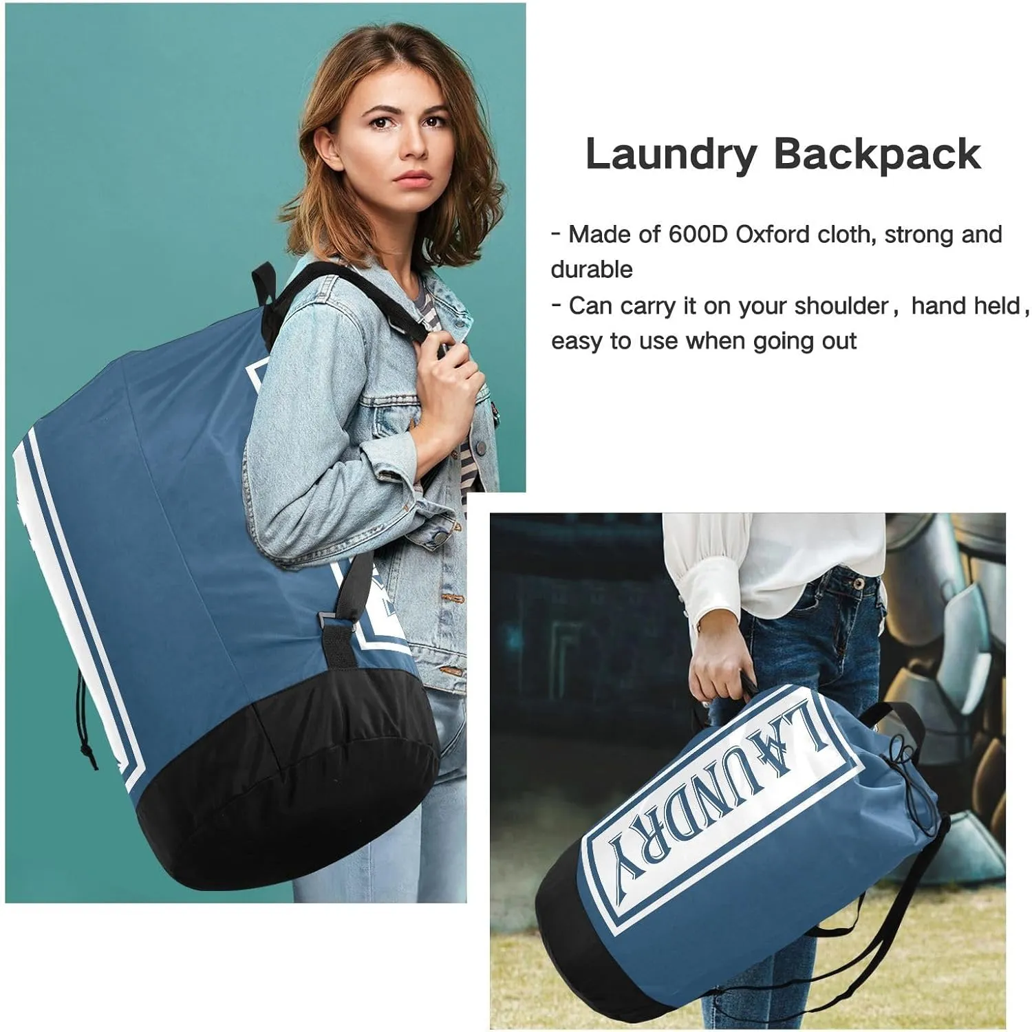 Dark Blue Nylon Travel Laundry Bag for Luggage Dirty Heavy Duty Dirty Clothes Organizer with Drawstring Closure & Shoulder Straps Dirty Clothes Shoulder Bag for College Dorm Factories Apartment