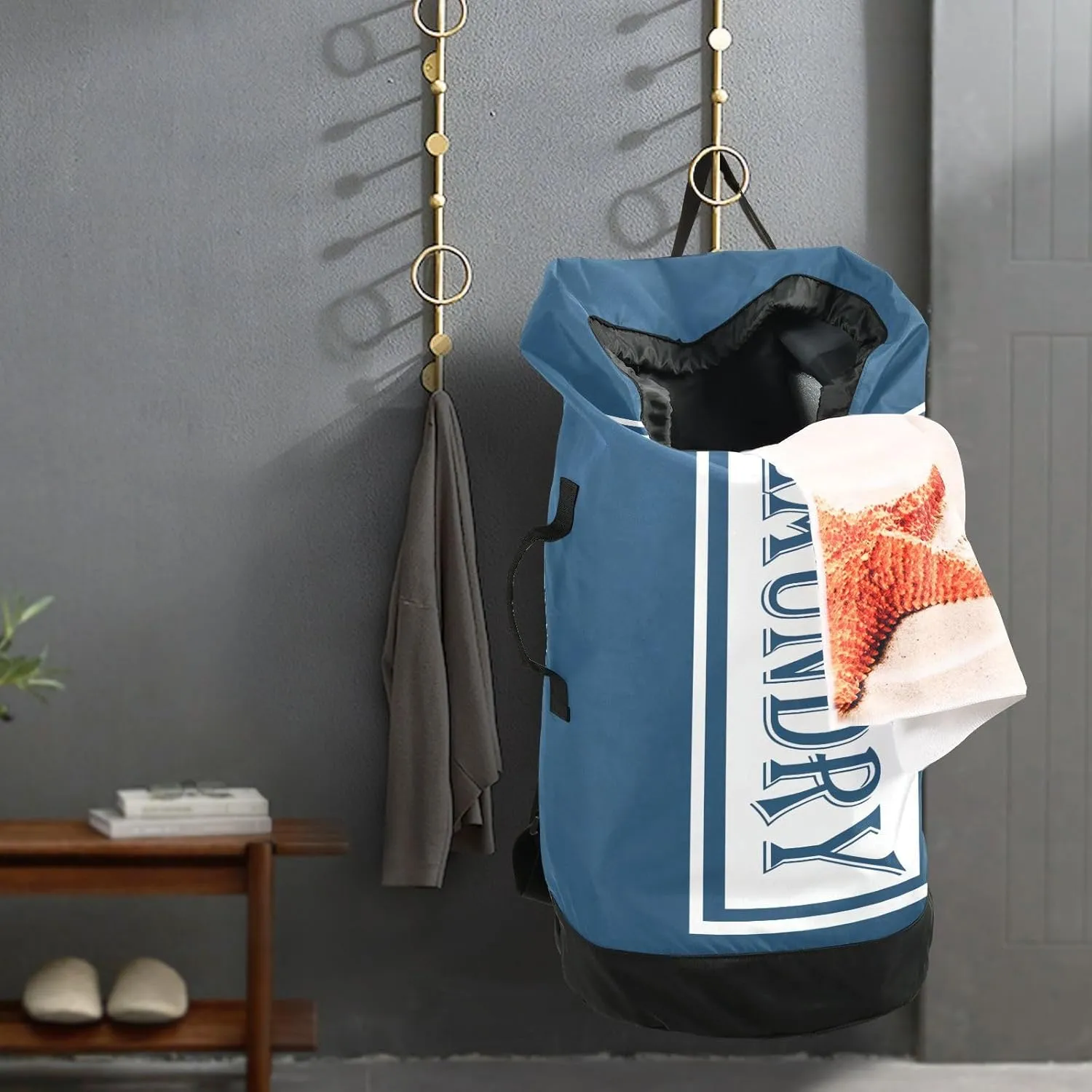 Dark Blue Nylon Travel Laundry Bag for Luggage Dirty Heavy Duty Dirty Clothes Organizer with Drawstring Closure & Shoulder Straps Dirty Clothes Shoulder Bag for College Dorm Factories Apartment